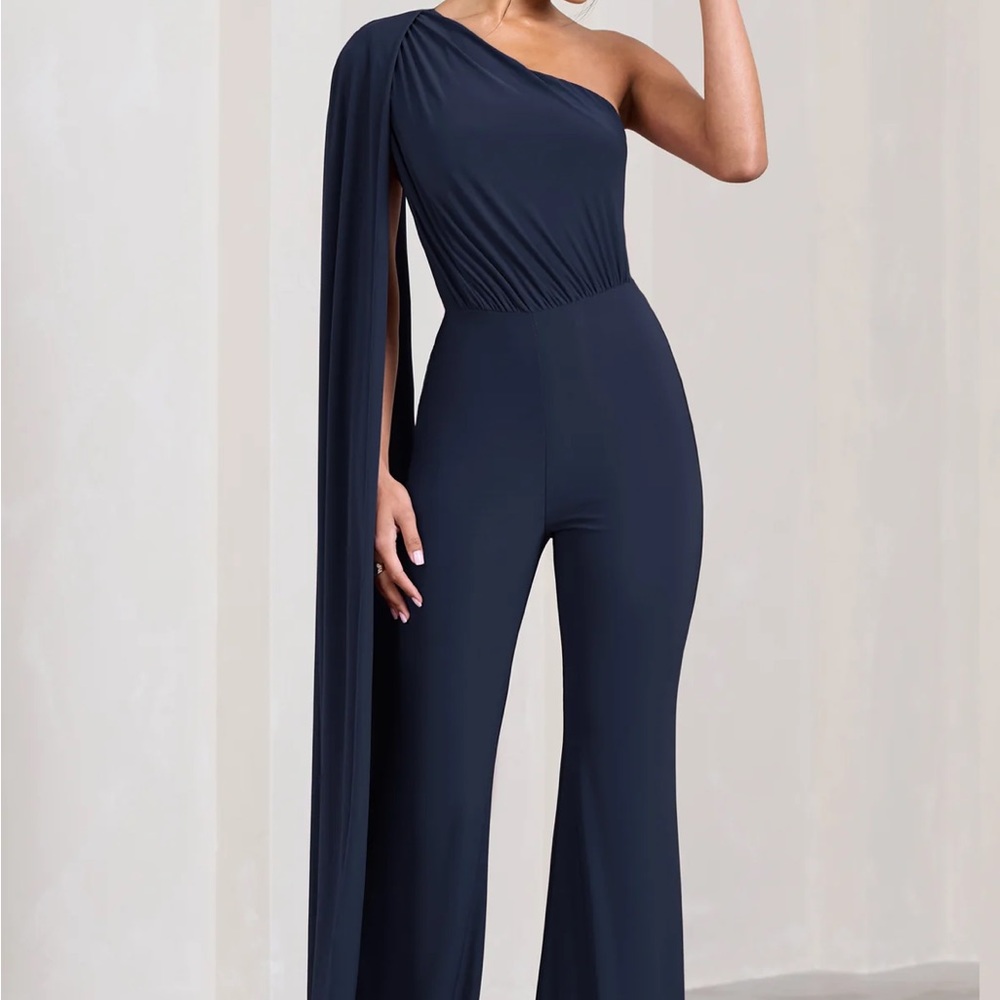 Club L London One shoulder cape jumpsuit